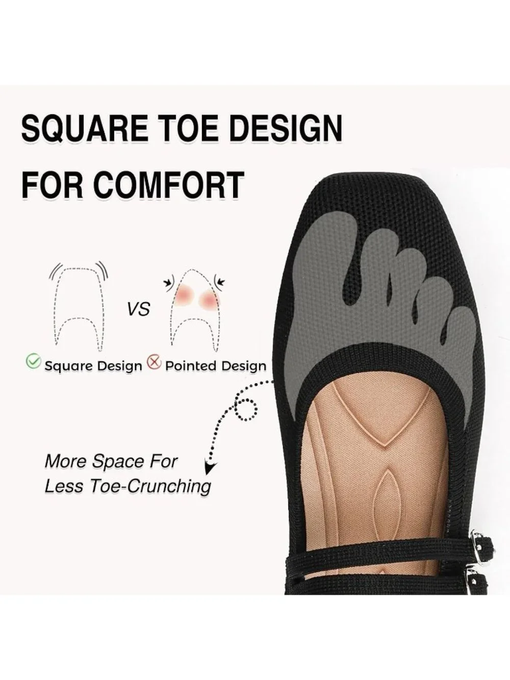 Women's Black Knit Square Toe Mary Jane Ballet Flats Foldable Buckle Strap Shoes